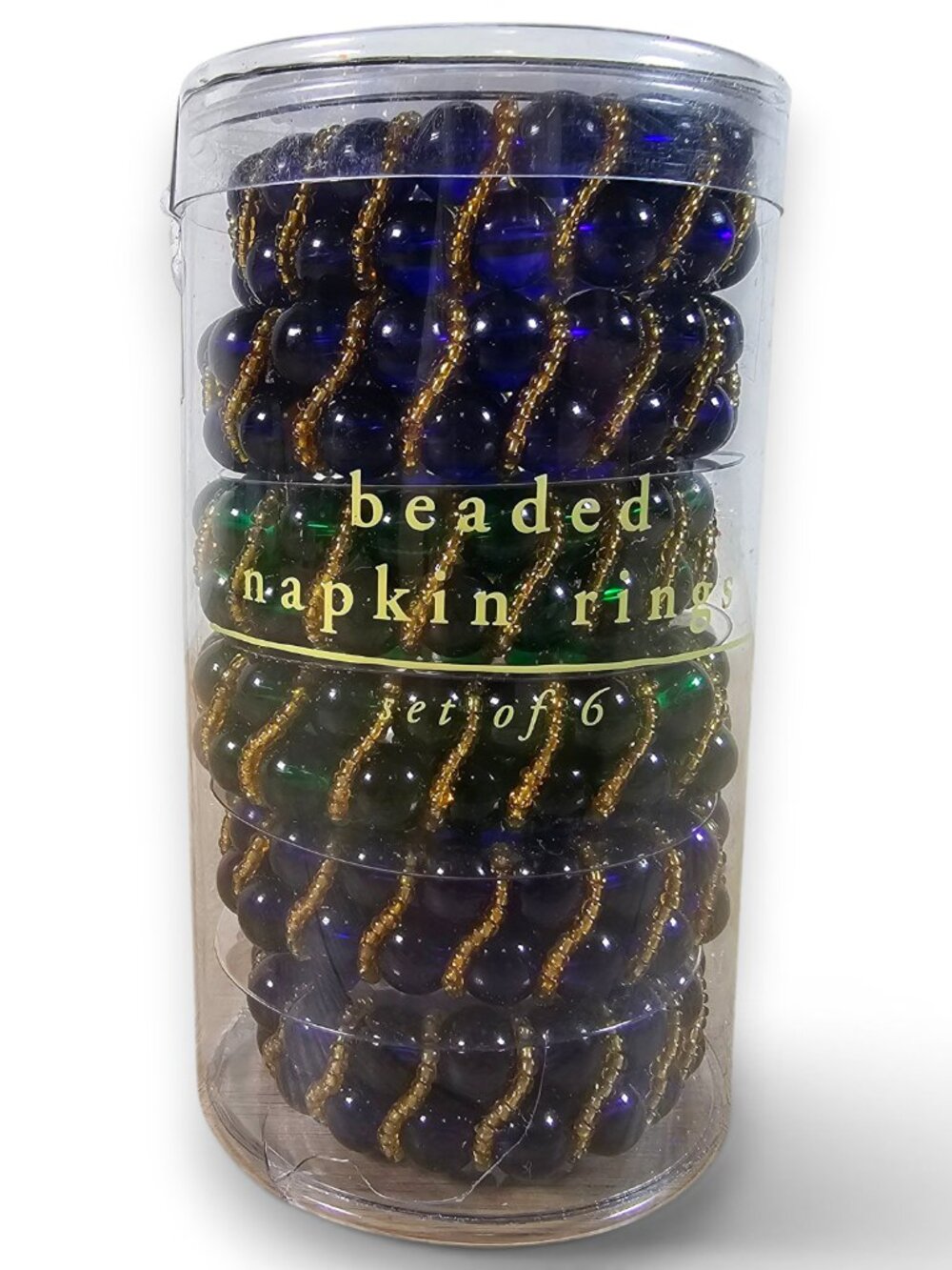 Pier 1 Beaded Napkin Rings Set of 6 Blue Green Gold Tone